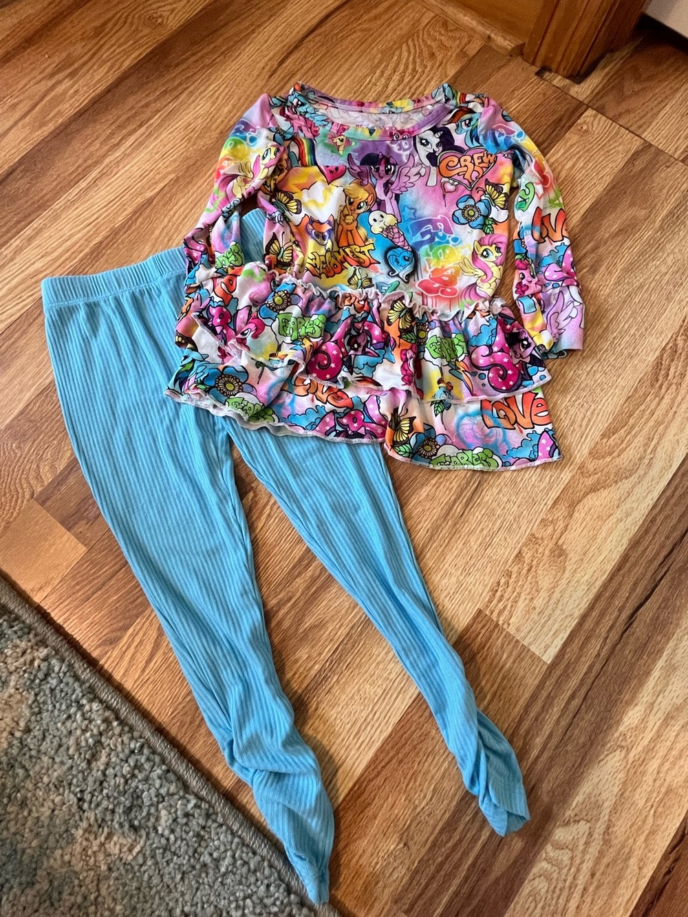 Bums & Roses My Little Pony Ruffle Top w/ Ribbed Blue Leggings Size 2T